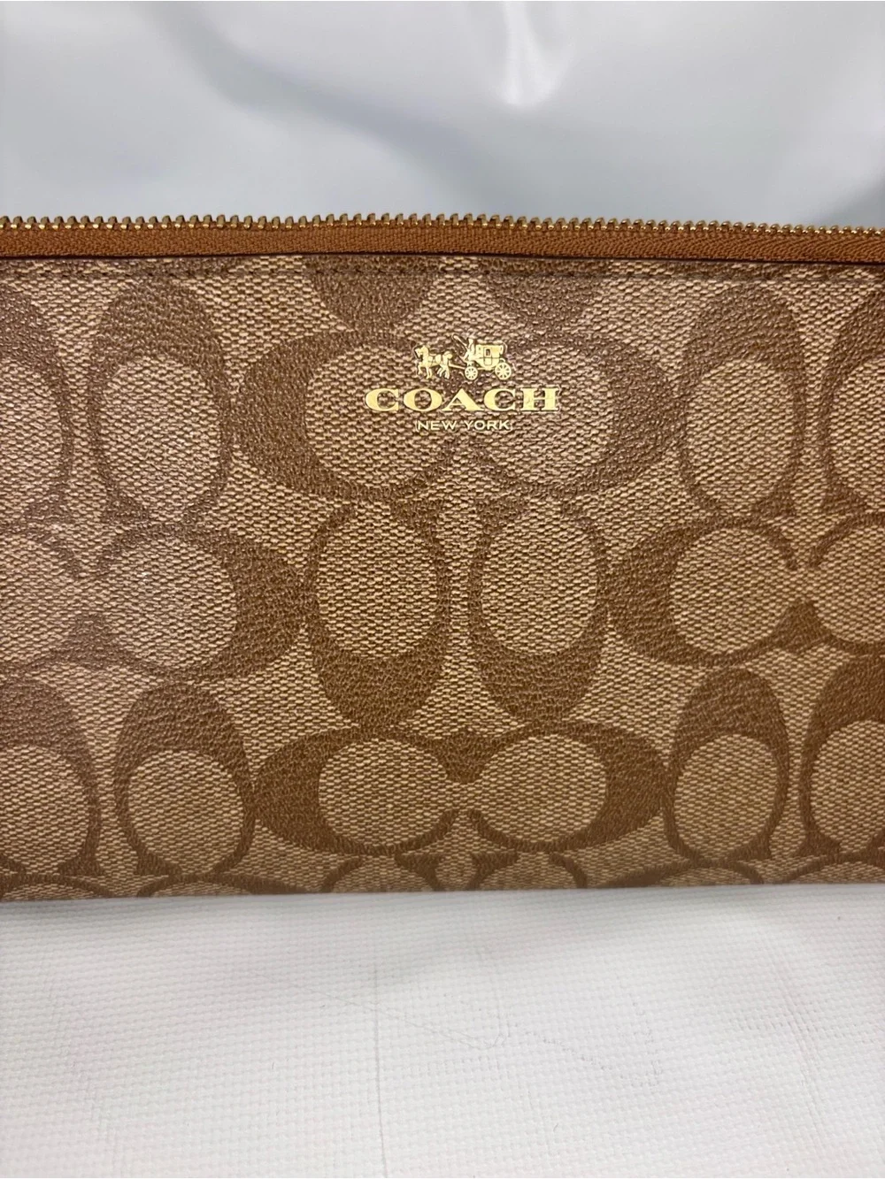 Coach Brown Signature Canvas Wristlet with Gold Logo